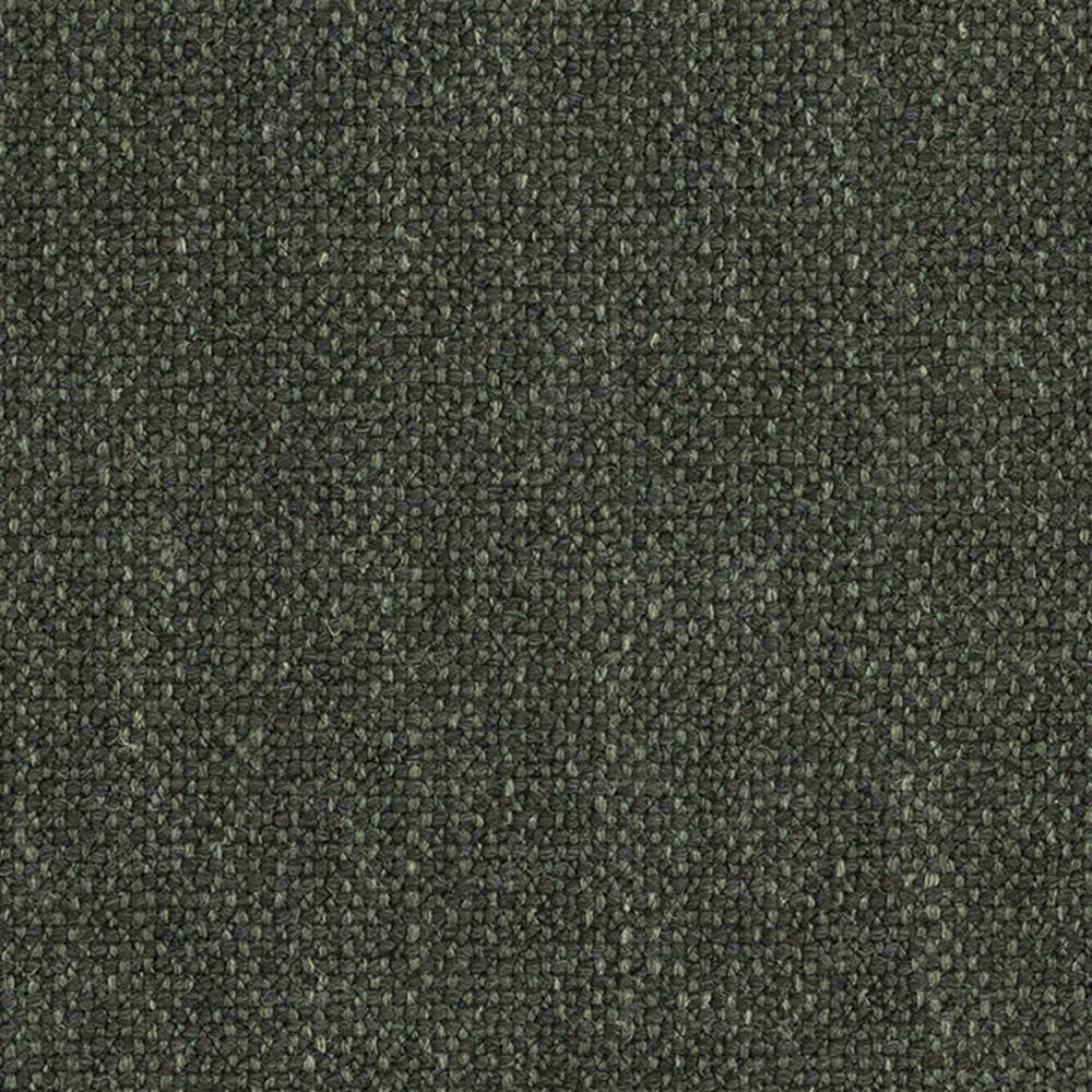 Close-up of dark olive-green woven upholstery fabric with a tight textured weave and subtle two-tone flecks, suitable for contemporary sofas; composition 10% wool, 5% linen, 35% acrylic, 50% polyester.