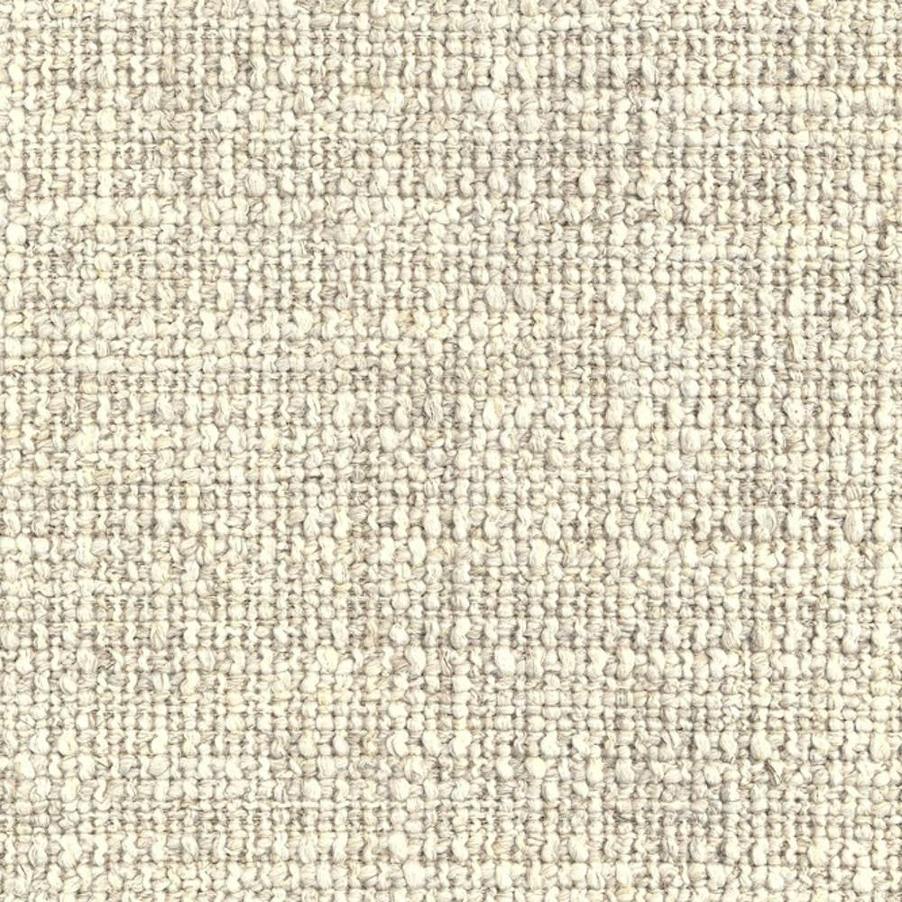 Close-up of cream-beige looped upholstery fabric for sofas, woven from a 14% linen, 16% rayon, 22% acrylic and 48% polyester blend, showing a textured looped weave with subtle neutral flecks.