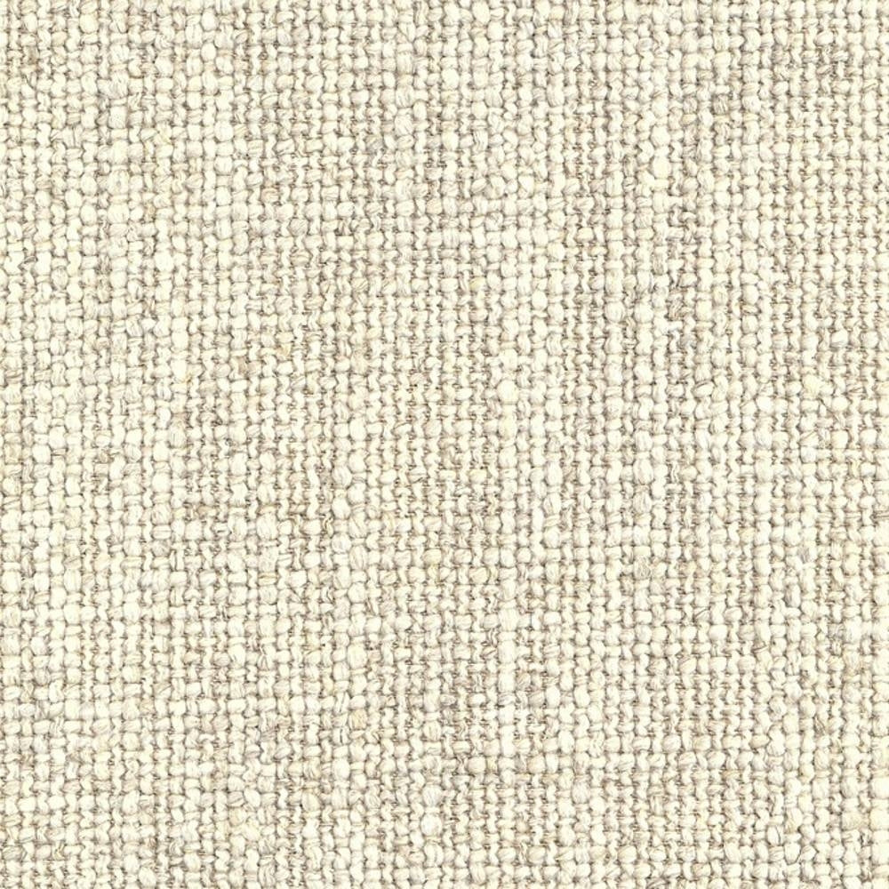Close-up of beige woven upholstery fabric with a textured looped weave; 10% linen, 14% rayon, 25% acrylic and 51% polyester blend for heavy-duty indoor sofa use.