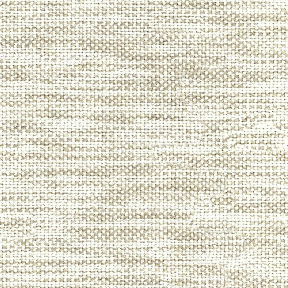 Close-up of beige neutral woven upholstery fabric for sofas showing a textured modern weave made from a blend of wool, linen, acrylic and triacetate fibers.