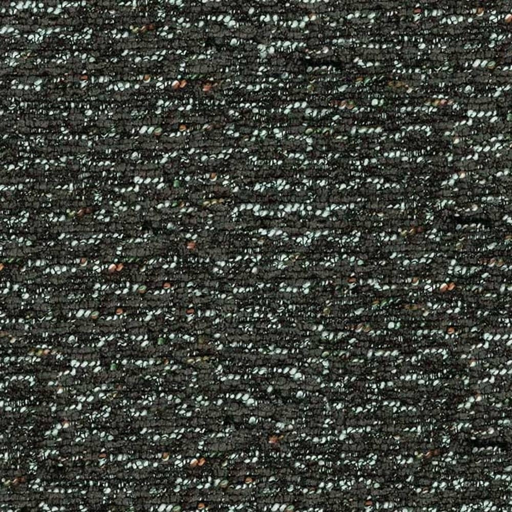 Close-up of dark charcoal boucle upholstery fabric showing looped textured weave with small mint-green and copper flecks; 53% rayon, 15% acrylic, 32% polyester, ideal for contemporary sofas.