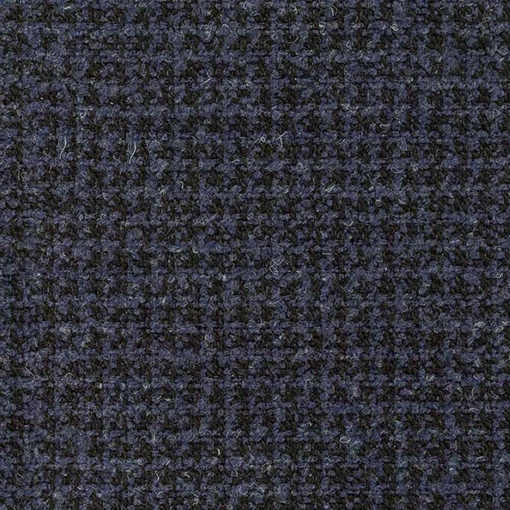 Close-up of dark navy and charcoal tweed upholstery fabric showing a small woven check texture and soft wool-blend pile (10% wool, 45% acrylic, 5% linen, 40% polyester) for sofa use.