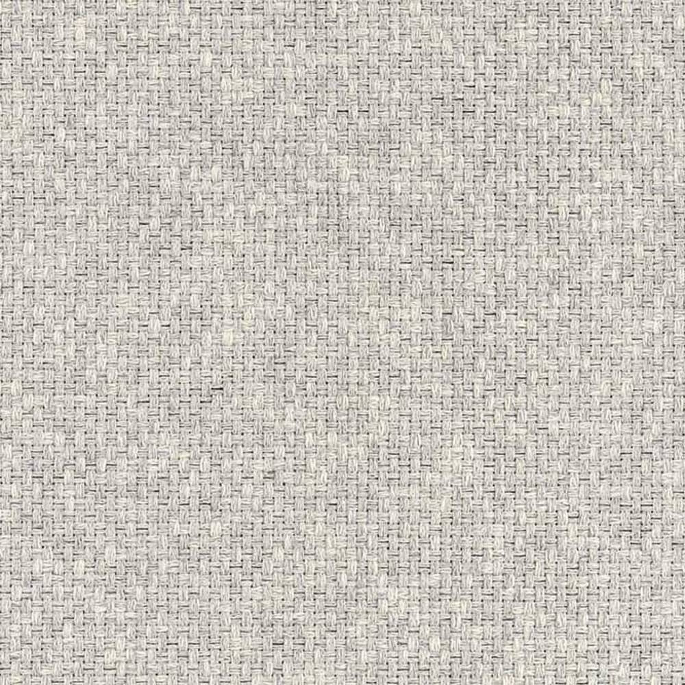 Close-up of light beige-gray woven upholstery fabric for sofas, a 33% cotton, 15% rayon and 52% polyester blend with tight basket-weave texture and subtle heathered flecks.