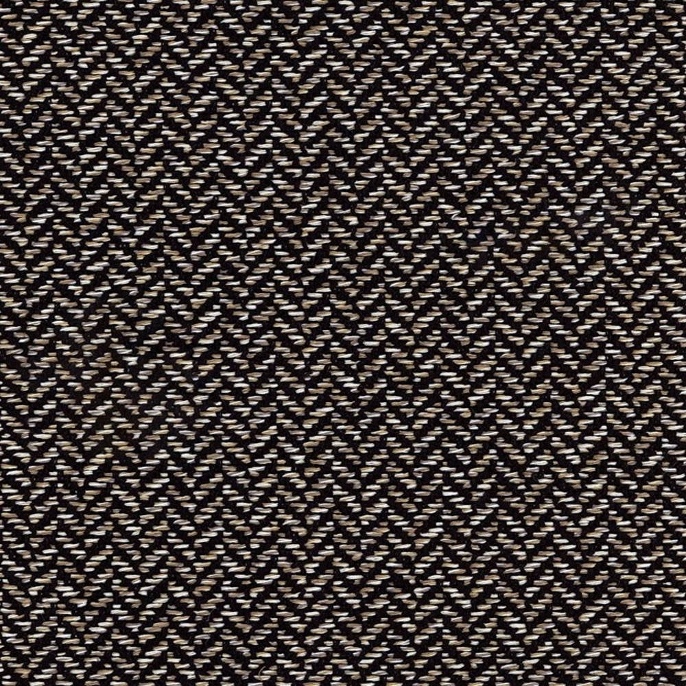 Close-up of woven beige and black herringbone upholstery fabric in a 38% rayon, 62% polyester blend, showing textured weave for contemporary sofas and office seating.