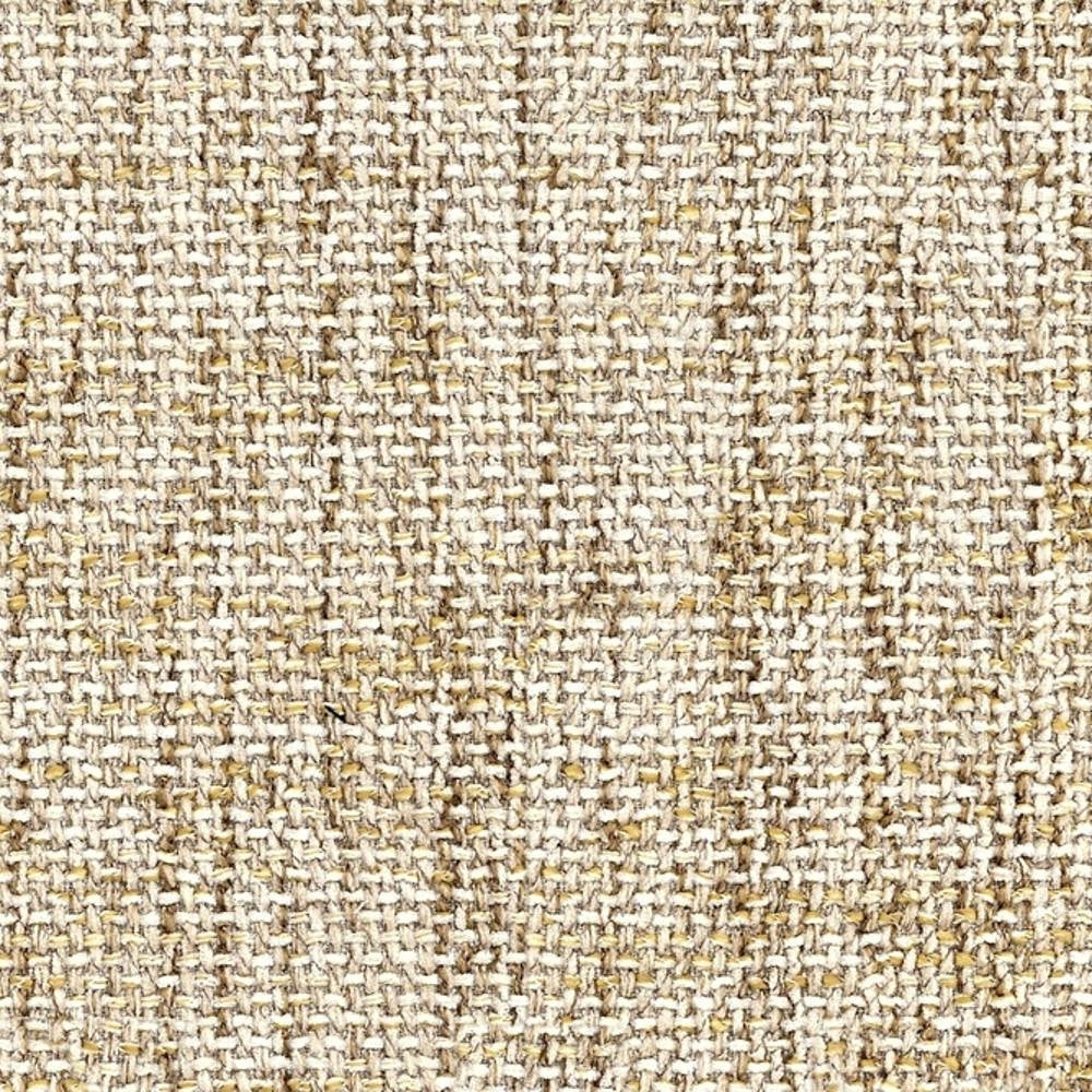 Close-up of beige and cream woven upholstery fabric showing textured basketweave, a 54% rayon / 7% acrylic / 39% triacetate blend for contemporary sofas and office seating.