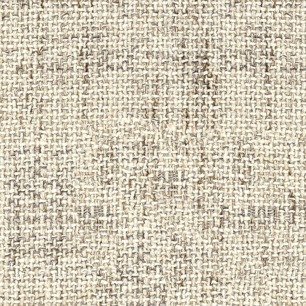 Close-up of beige and cream woven upholstery fabric with a textured basketweave pattern, showing fiber mix (54% rayon, 7% acrylic, 39% triacetate) suitable for contemporary sofas and office seating.