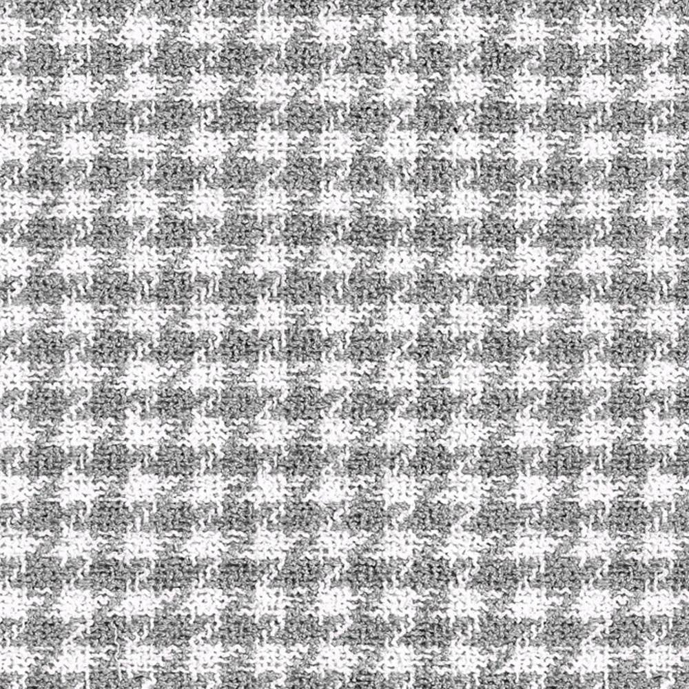 Close-up of a neutral beige and white houndstooth upholstery fabric swatch, 68% rayon/32% triacetate blend with a 0.75-inch pattern repeat, suitable for contemporary sofa upholstery.