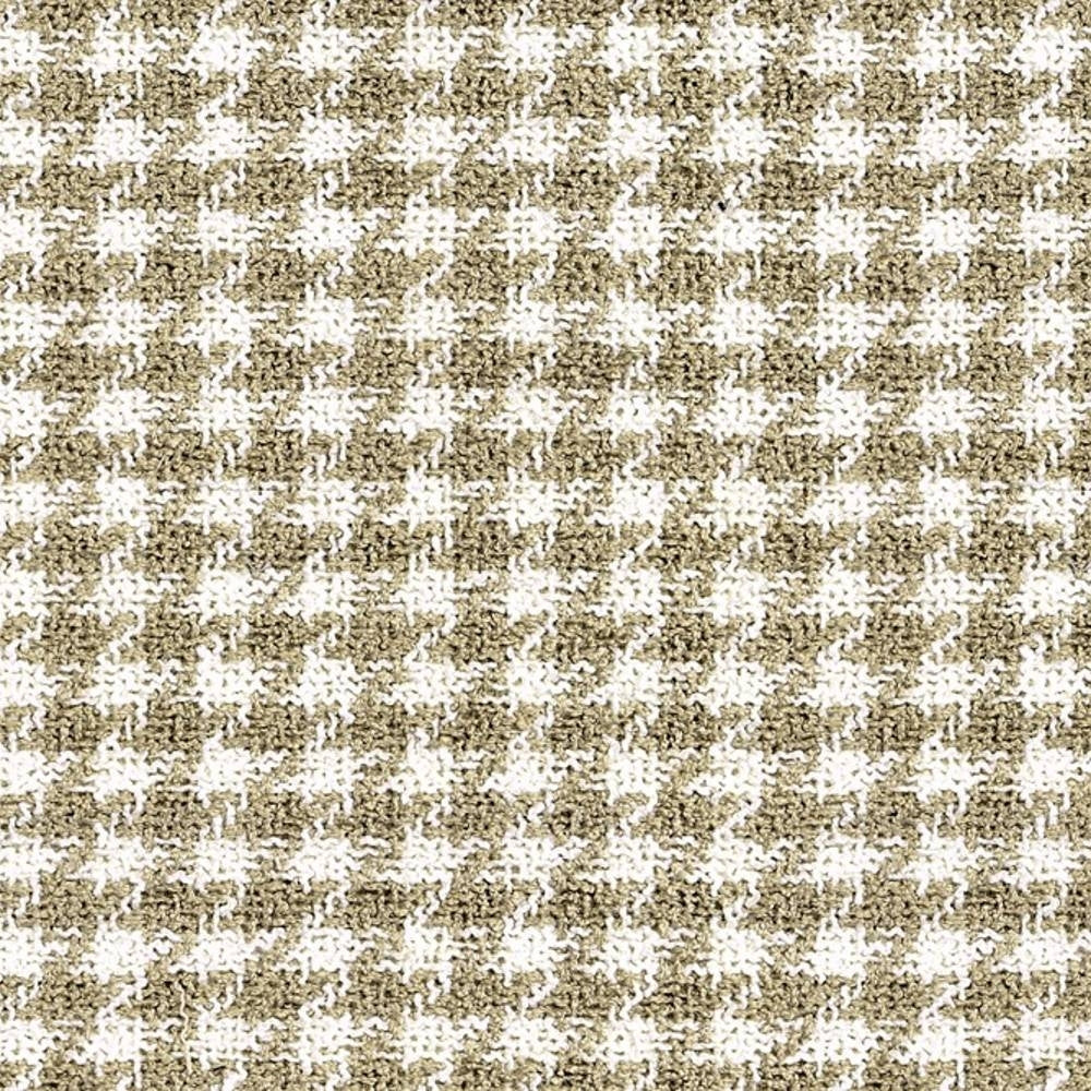 Close-up of a beige and white houndstooth woven upholstery fabric in a 68% rayon, 32% triacetate blend with textured finish, styled for contemporary and modern sofa use.
