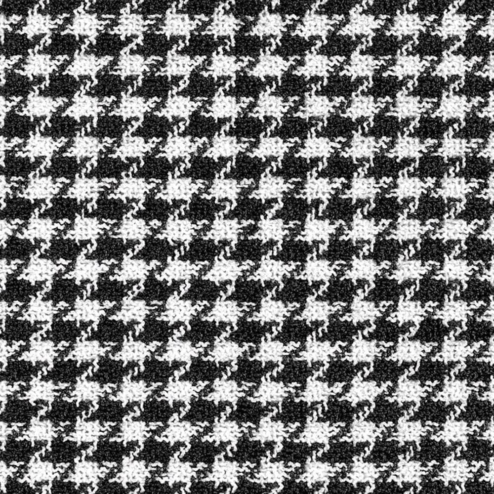 Black-and-white houndstooth upholstery fabric swatch with a textured woven knit, ideal for contemporary or modern sofa upholstery; composition 68% rayon and 32% triacetate.