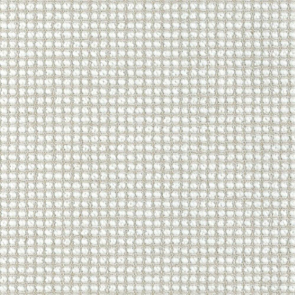 Close-up of white neutral woven upholstery fabric showing a small square grid waffle weave; textured blend of linen, wool, viscose, acrylic and polyester suitable for sofa upholstery.