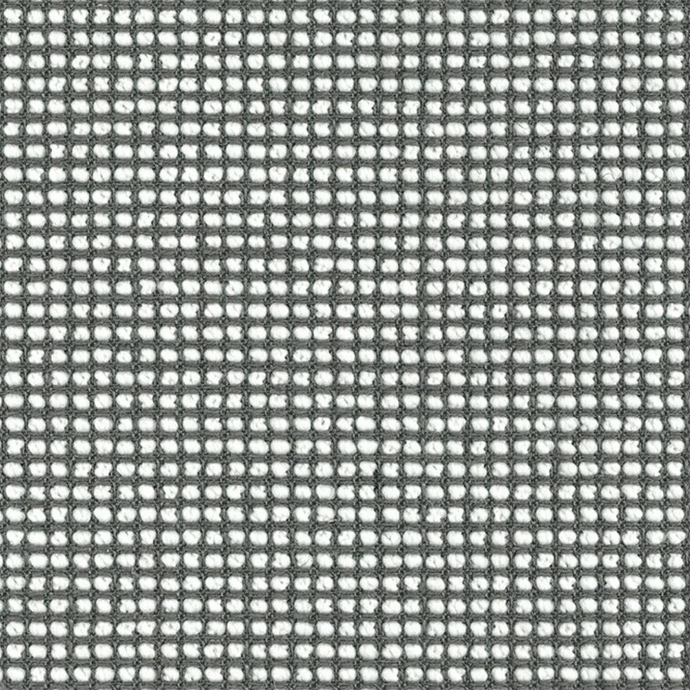 Close-up of a neutral white and gray upholstery fabric showing a small square open-weave grid and textured yarns; material blend of linen, wool, acrylic, viscose and polyester for sofa use.