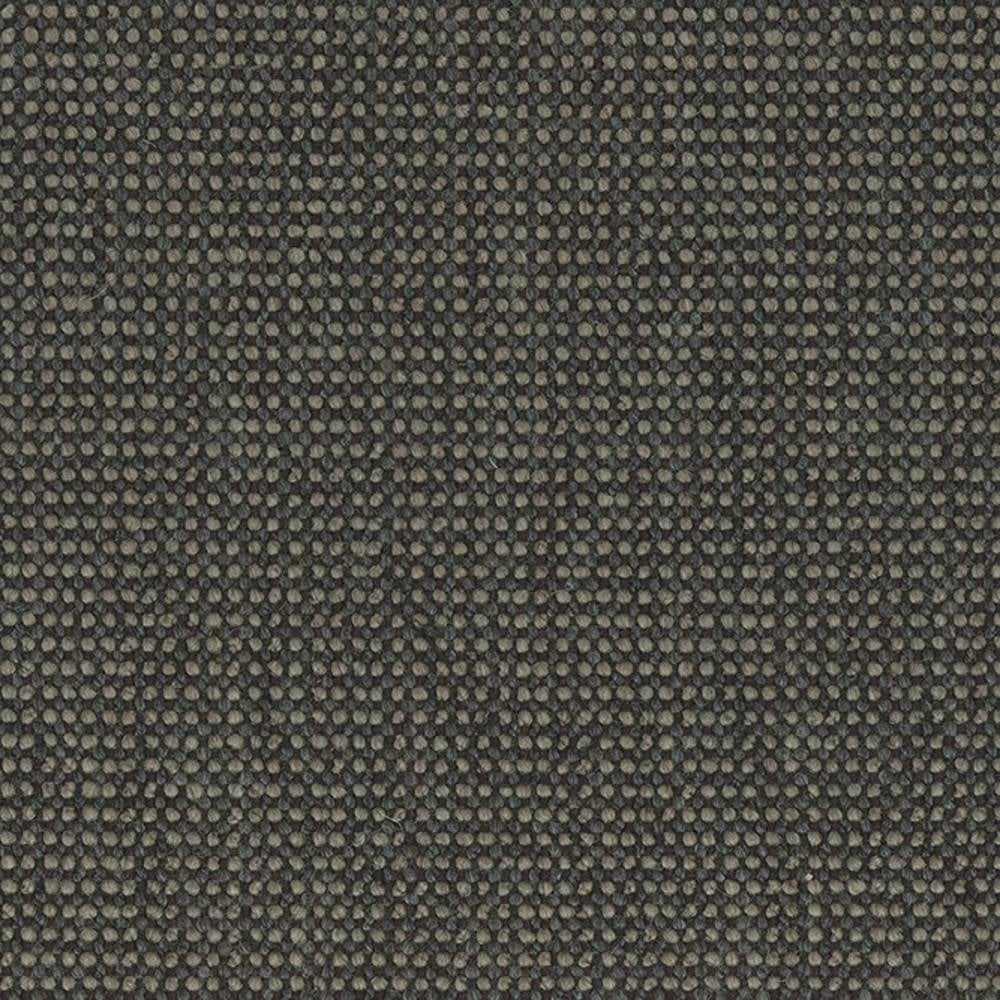 Close-up of a neutral dark-gray upholstery fabric swatch — 14% wool, 14% linen with viscose, acrylic and polyester — showing a dense pebble weave texture suitable for contemporary sofa upholstery.