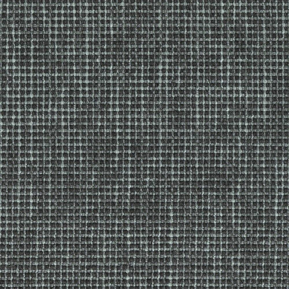 Close-up of neutral gray woven upholstery fabric showing a tight basketweave grid texture, a wool, linen, viscose, acrylic and polyester blend suitable for contemporary sofa upholstery.