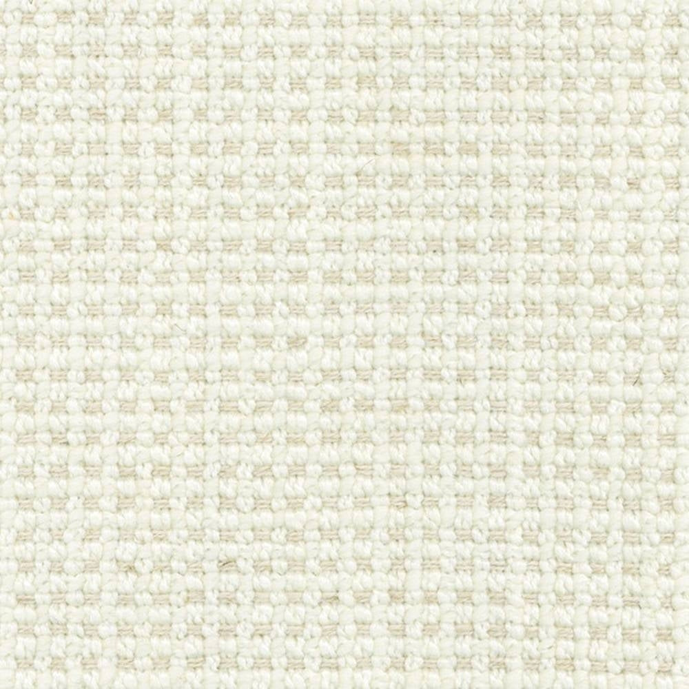 Close-up of cream woven upholstery fabric showing a tight basket-weave texture; blend of 18% wool, 5% linen, 59% acrylic and 18% polyester, designed for indoor sofa use.