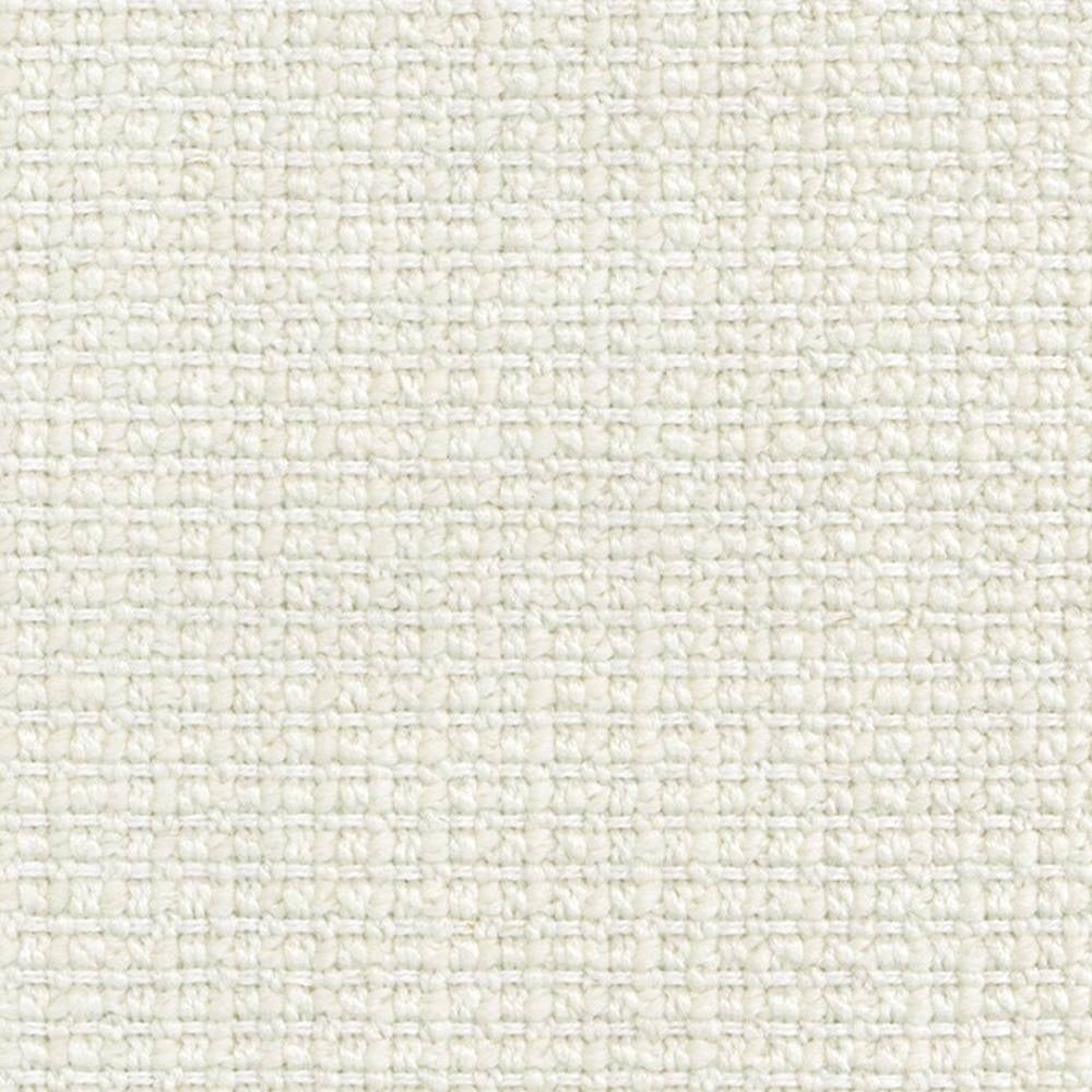 Close-up of cream woven upholstery fabric with a subtle basketweave texture, showing looped yarns and soft nap; 18% wool, 5% linen, 59% acrylic, 18% polyester blend suitable for sofas and heavy-use upholstery.