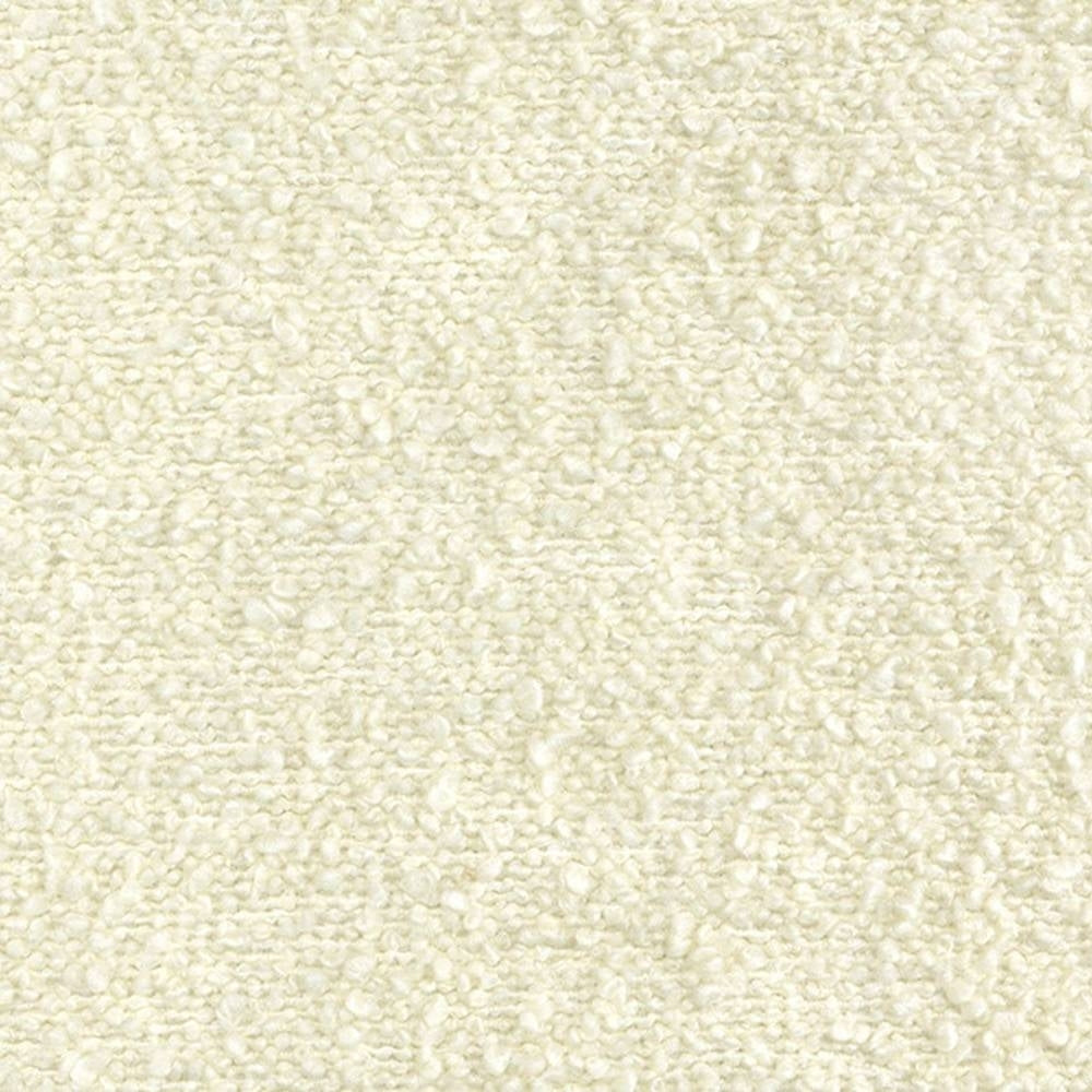 Close-up of cream boucle upholstery fabric in a 31% wool, 55% acrylic, 14% polyester blend showing nubby, looped texture ideal for contemporary or modern sofas.