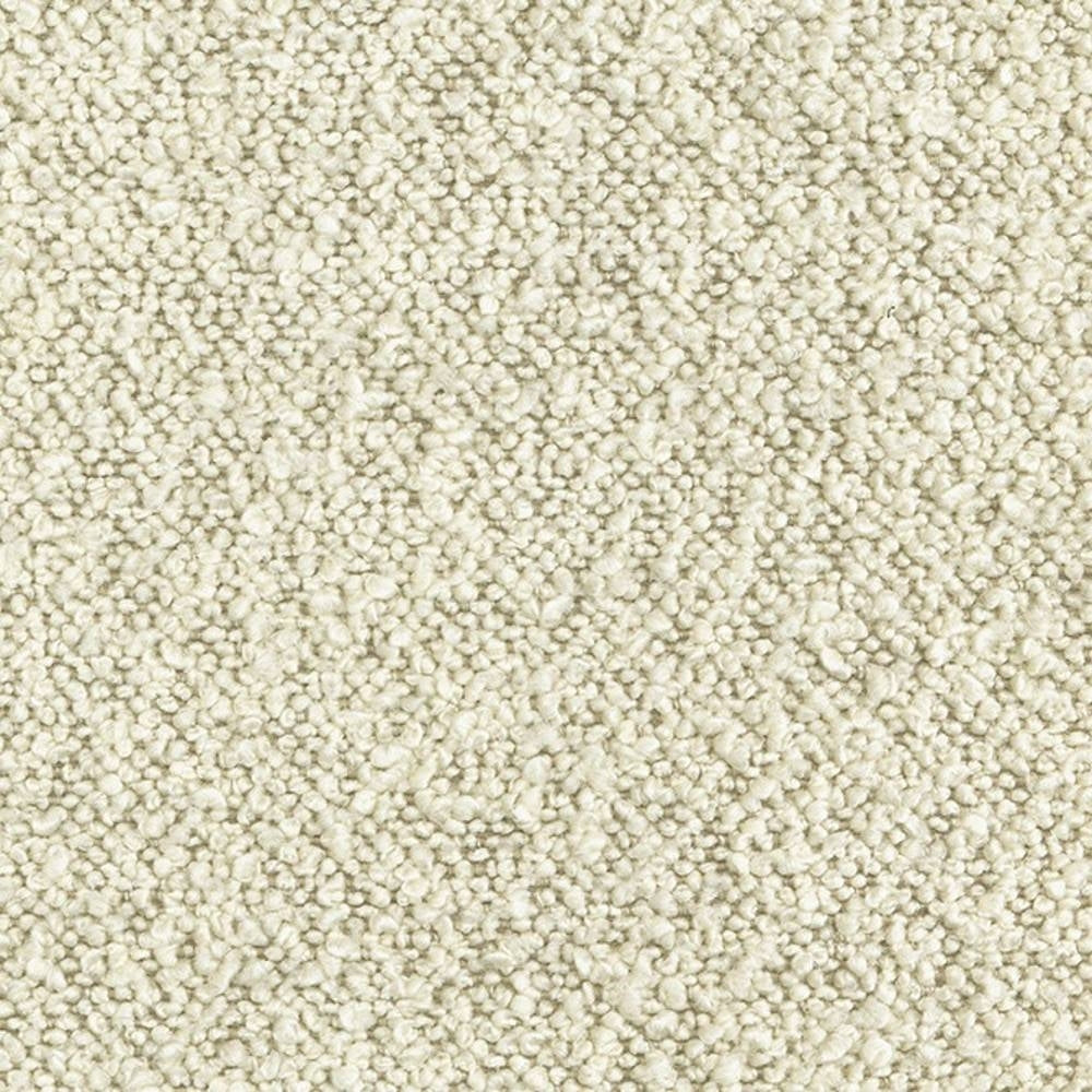 Close-up of cream boucle upholstery fabric with dense looped texture; 31% wool, 55% acrylic, 14% polyester blend suitable for contemporary and modern sofas.