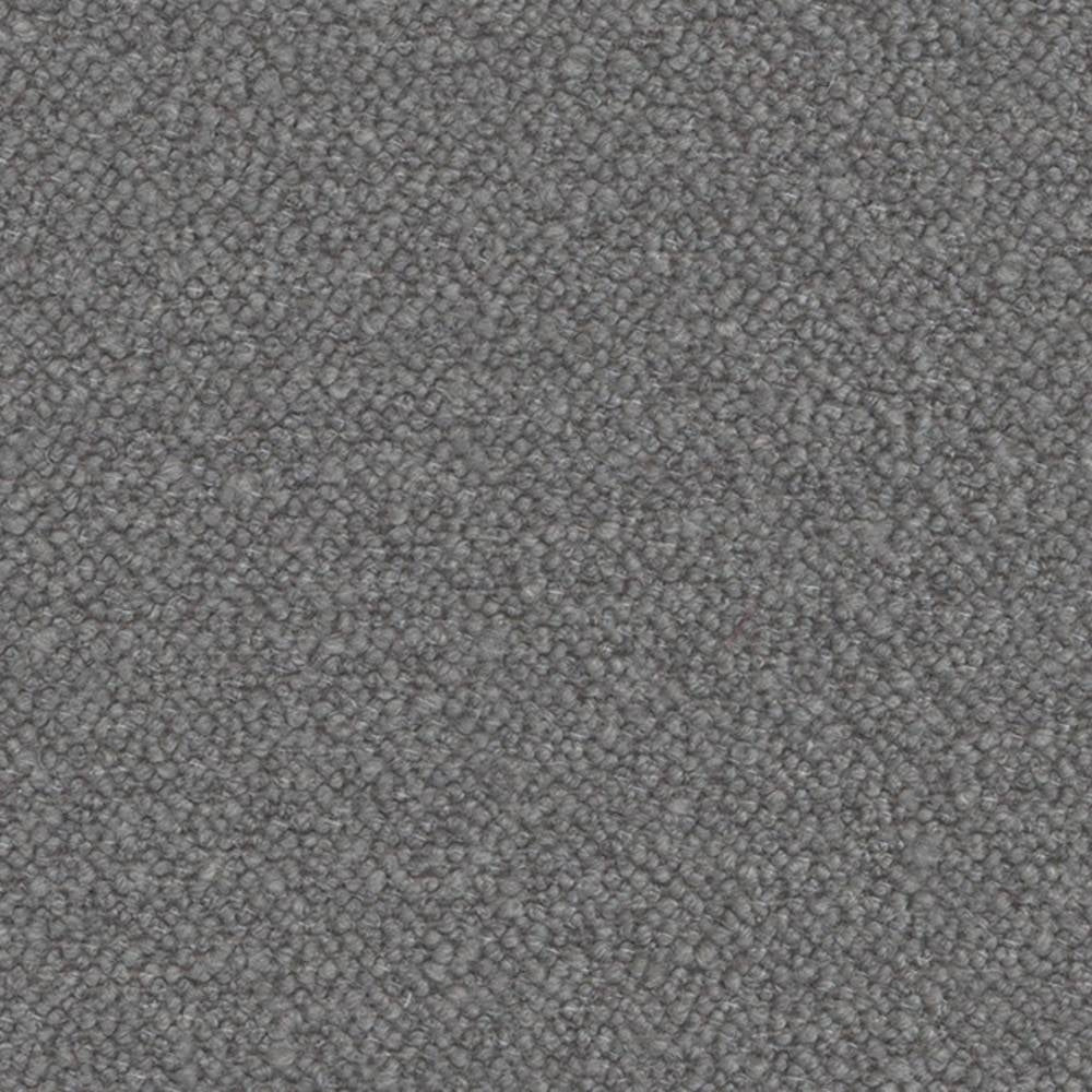 Close-up of soft grey boucle upholstery fabric showing tight looped texture; 30% wool, 50% acrylic and 20% polyester blend suitable for indoor sofa upholstery.