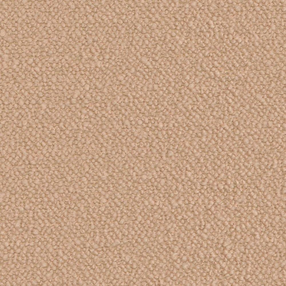 Close-up of soft beige boucle upholstery fabric swatch showing tight looped texture; 30% wool, 50% acrylic and 20% polyester blend suitable for sofas.