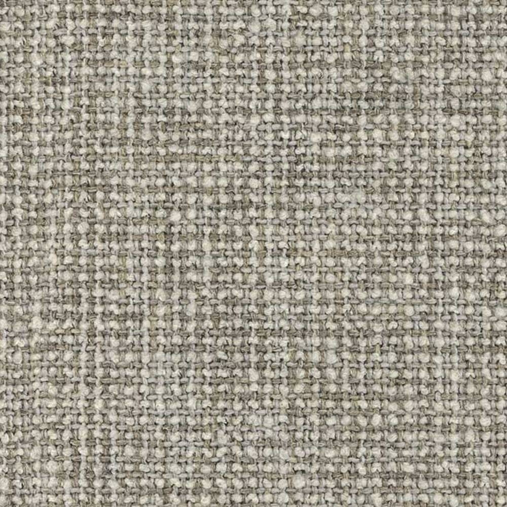Close-up of beige woven upholstery fabric for sofa showing a textured, neutral basketweave made from a blend of wool, linen, acrylic and polyester fibers.
