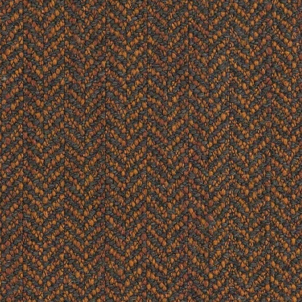 Close-up of textured herringbone tweed upholstery fabric in warm brown and charcoal tones, woven blend (13% wool, 50% acrylic, 37% polyester) suitable for contemporary sofas.