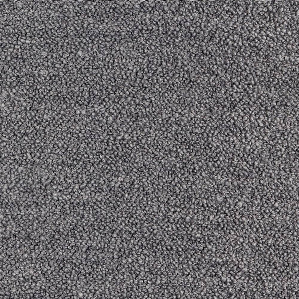 Close-up of gray boucle upholstery fabric showing dense looped texture in a 30% wool, 40% acrylic, 30% polyester blend, styled for contemporary modern sofas.