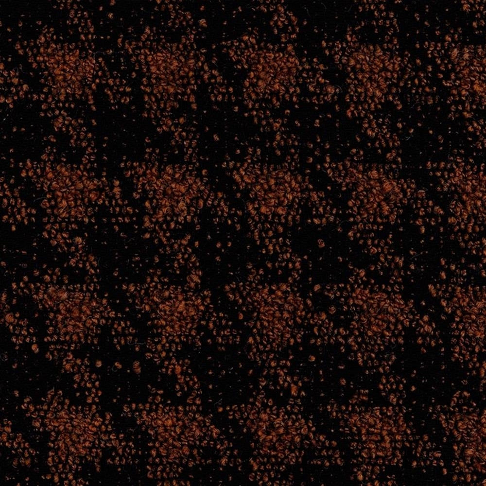 Close-up of black boucle upholstery fabric showing clustered rust-copper looped yarns on a black ground; 25% wool, 44% acrylic, 21% cotton and 10% polyester blend for sofa upholstery.