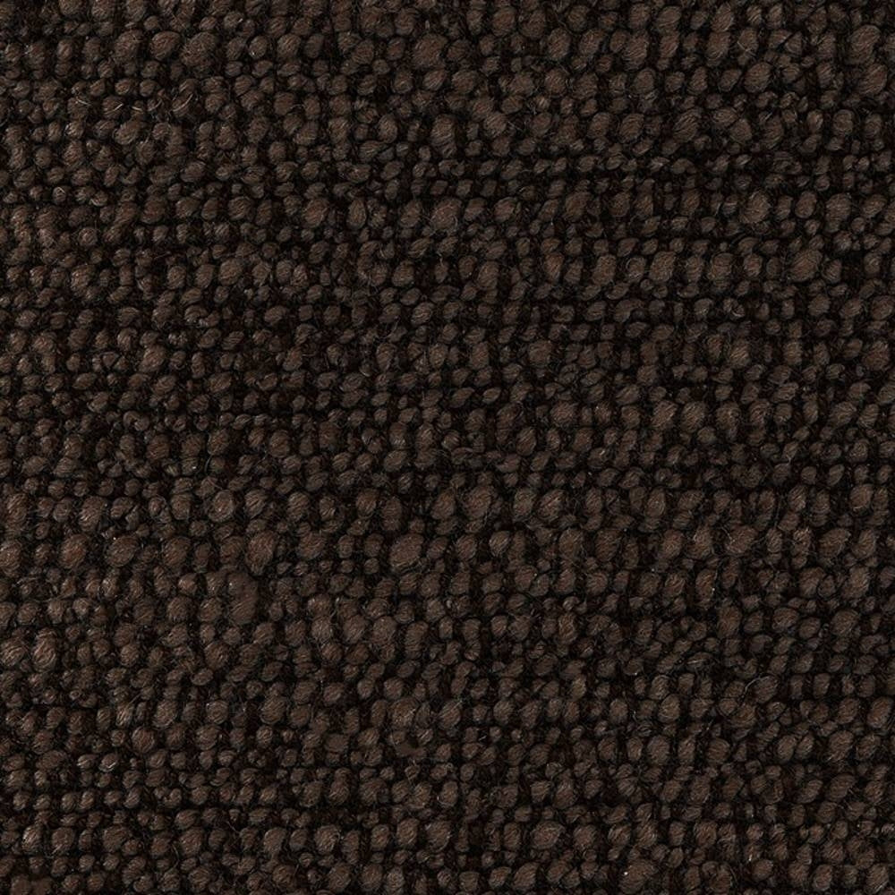 Close-up of dark brown wool-blend upholstery fabric (20% wool, 25% acrylic, 12% linen, 20% rayon, 23% polyester) showing a dense looped pebble texture suitable for contemporary sofas.