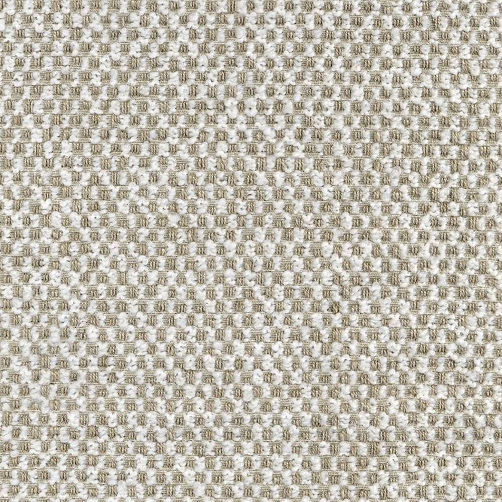 Close-up of neutral ivory and white woven upholstery fabric showing a small basket-weave texture with looped yarns; blend of 10% wool, 18% acrylic, 12% linen, 21% rayon and 39% polyester for sofa use.