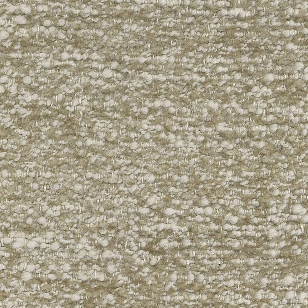 Close-up of cream bouclé upholstery fabric showing a looped wool-blend texture (wool, acrylic, linen, rayon, polyester) with soft ivory and beige tones, ideal for contemporary sofa upholstery.