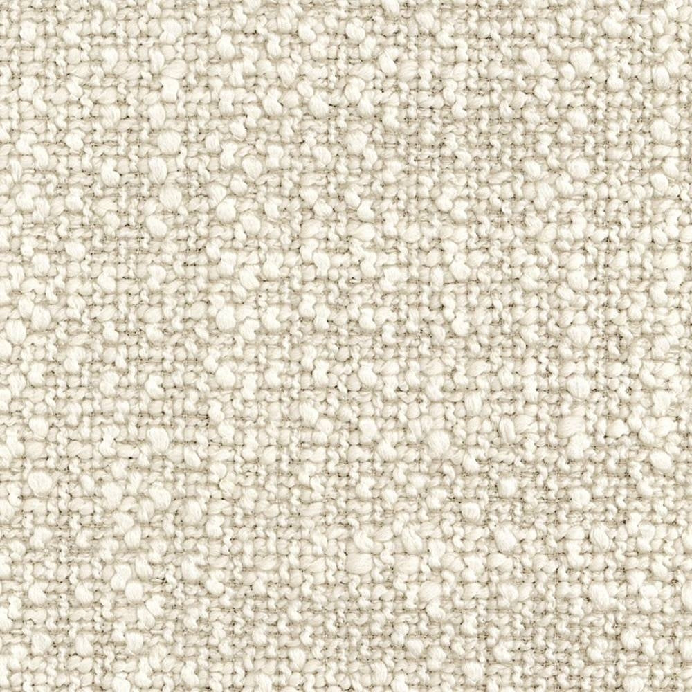 Close-up of cream-colored looped bouclé upholstery fabric, 73% rayon and 27% triacetate, showing a textured tight-loop slub weave suitable for sofas and heavy-duty indoor upholstery.