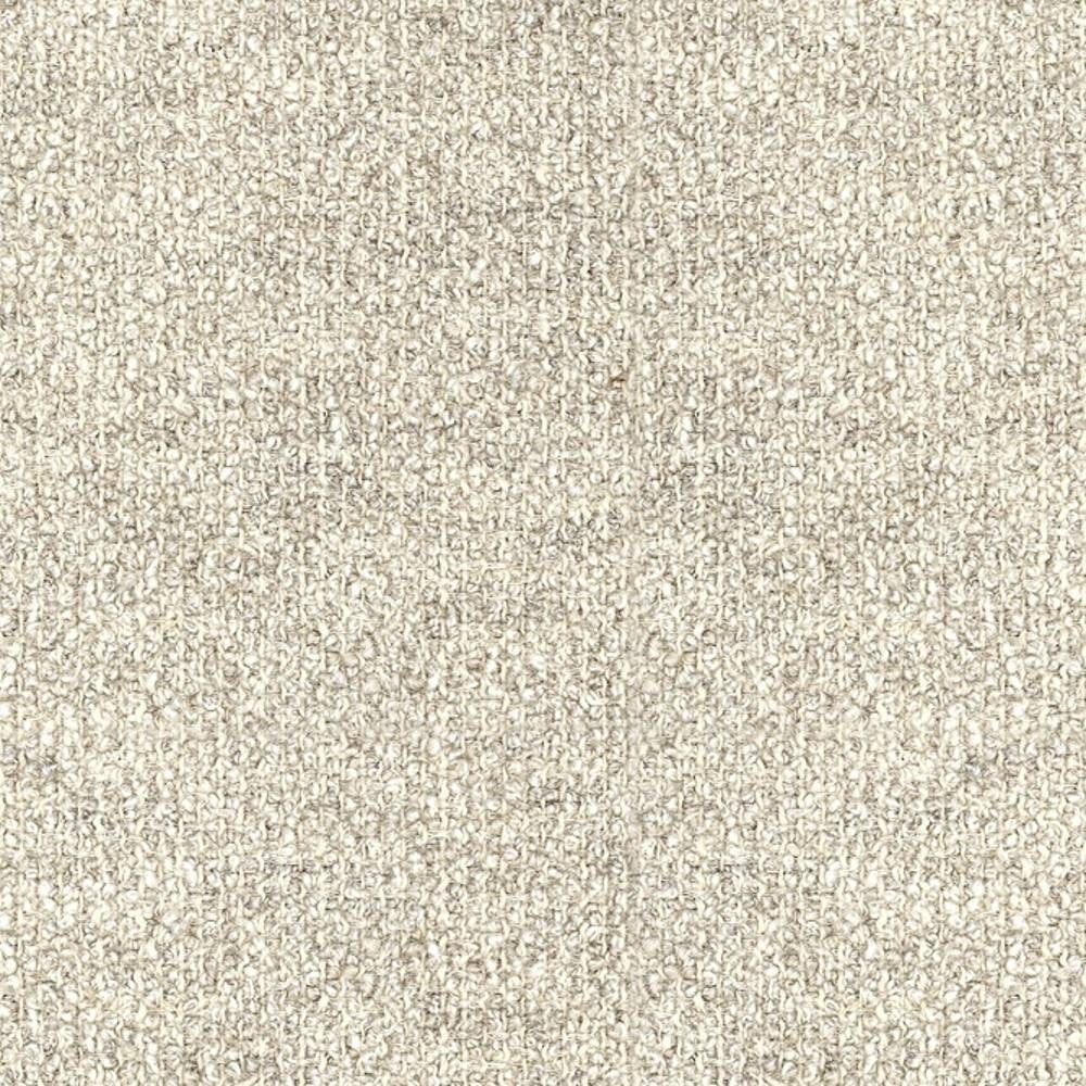 Close-up of neutral beige boucle upholstery fabric showing a dense looped texture; 25% wool, 45% acrylic and 30% triacetate blend, ideal for contemporary sofa upholstery.