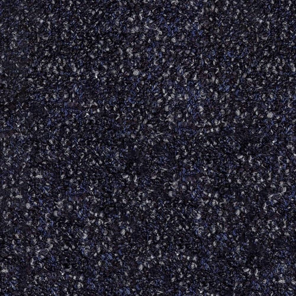 Close-up swatch of deep navy boucle upholstery fabric with charcoal and gray flecks, showing a textured looped pile for contemporary sofas; 25% wool, 50% acrylic, 25% triacetate.