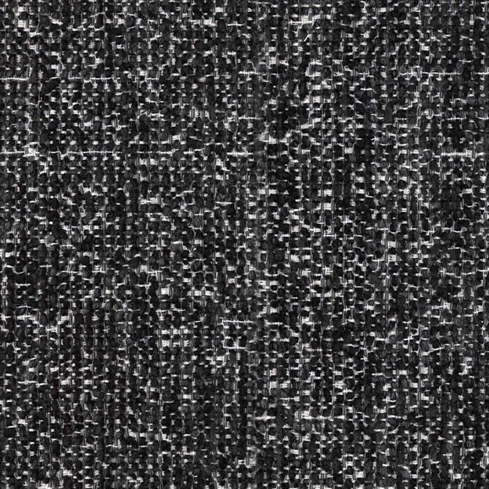 Close-up of neutral boucle wool-blend upholstery fabric in a dark charcoal weave with white flecks and dense textured loops.