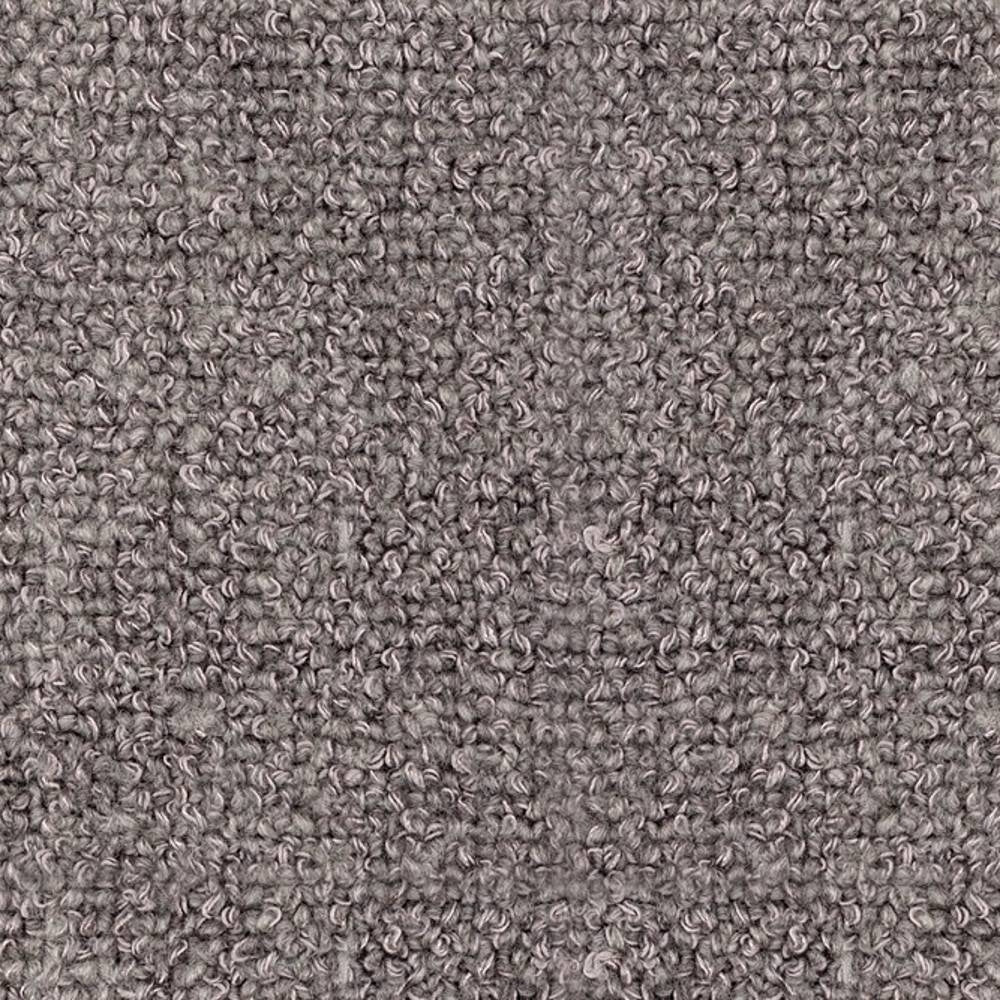 Close-up of a neutral cream boucle upholstery fabric swatch showing dense looped texture in a 15% wool, 54% rayon, 18% acrylic, 13% triacetate blend.