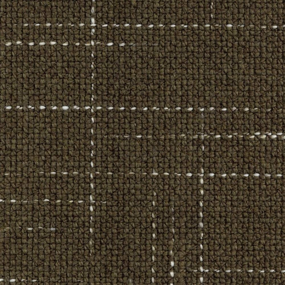 Close-up of olive-brown windowpane upholstery fabric with white stitched grid and chunky woven texture; 30% wool, 54% acrylic, 14% triacetate, designed for contemporary sofas and office seating.