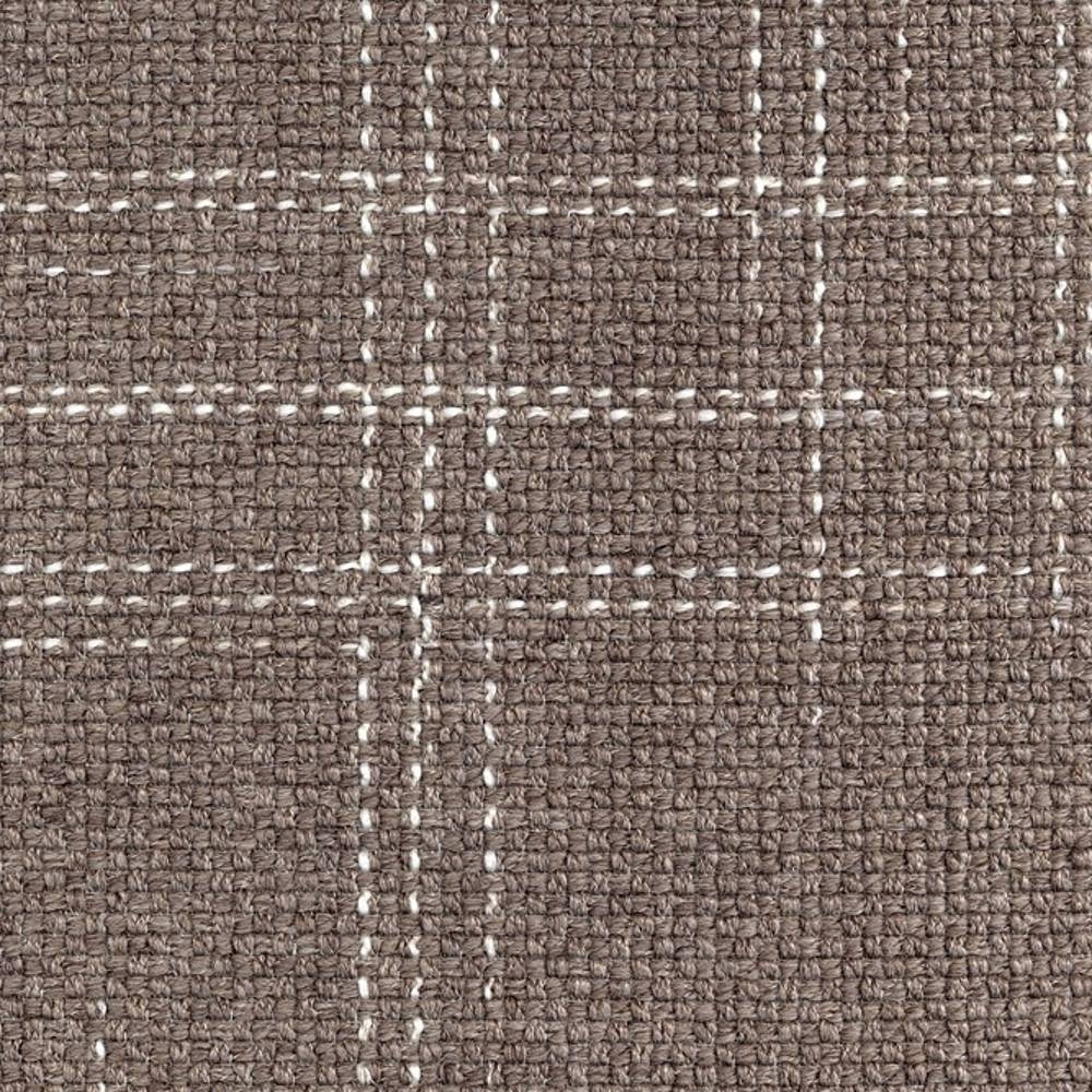 Close-up of taupe woven upholstery fabric showing a white stitched windowpane grid and textured loop weave; 30% wool, 54% acrylic, 14% triacetate, suitable for contemporary sofas and office upholstery.