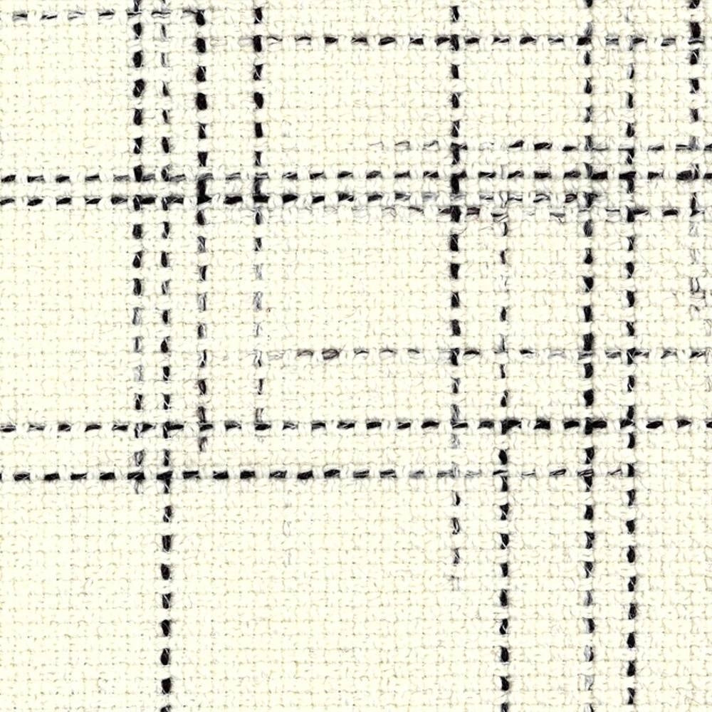 Close-up of cream wool-blend upholstery fabric showing a black windowpane grid and textured woven surface; composition 30% wool, 54% acrylic, 14% triacetate, suited for contemporary sofas and office seating.