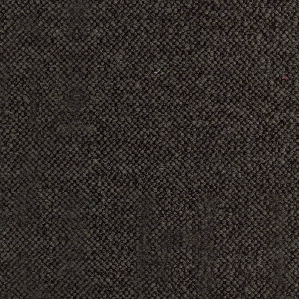 Close-up of dark charcoal tight-weave upholstery fabric showing a dense, looped texture; composition 30% wool, 43% acrylic, 5% linen, 11% rayon, 11% triacetate for durable sofa upholstery.