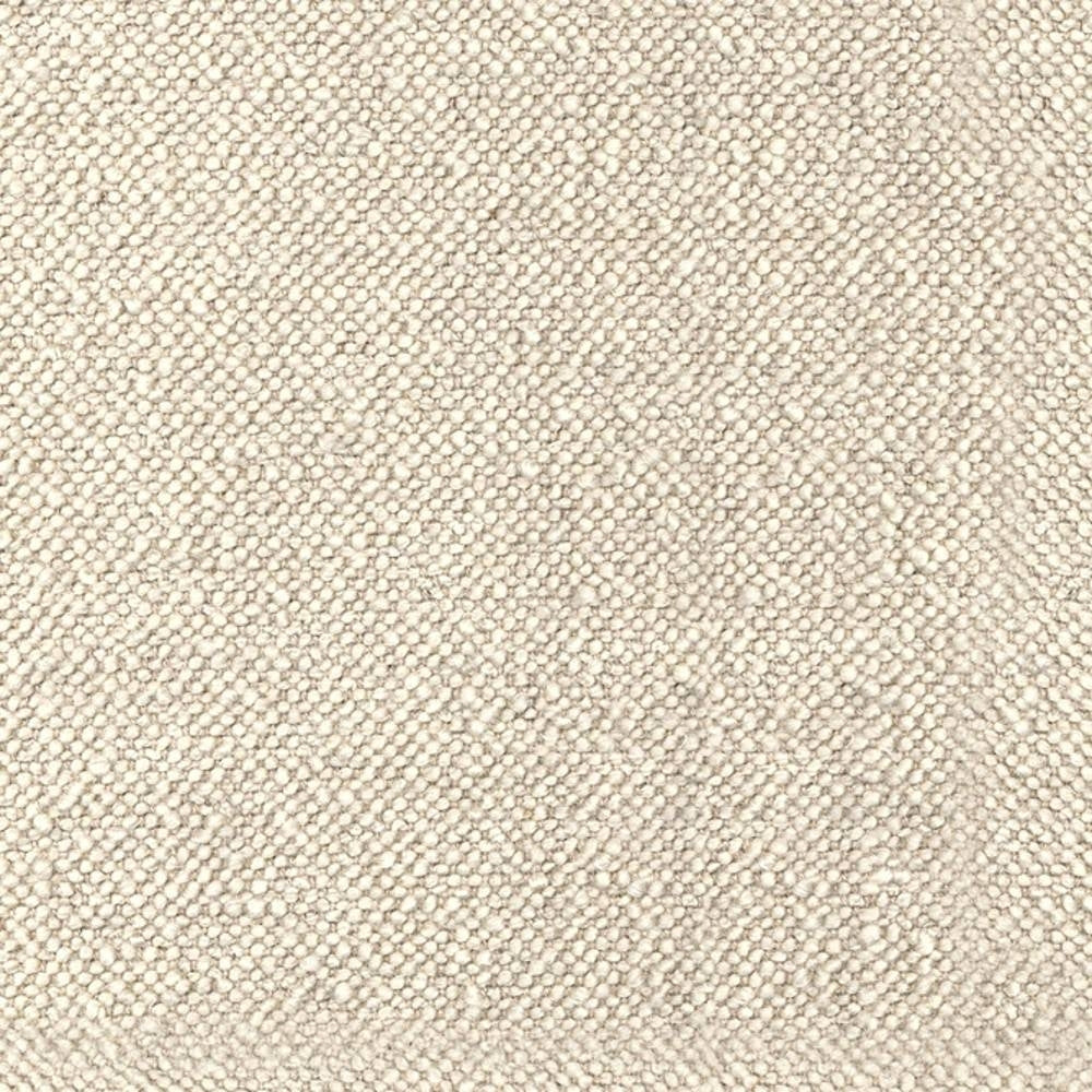 Close-up of cream-beige boucle upholstery fabric with a tight, nubby looped texture and neutral tone; wool and acrylic blend with linen, rayon and triacetate for durable sofa use.