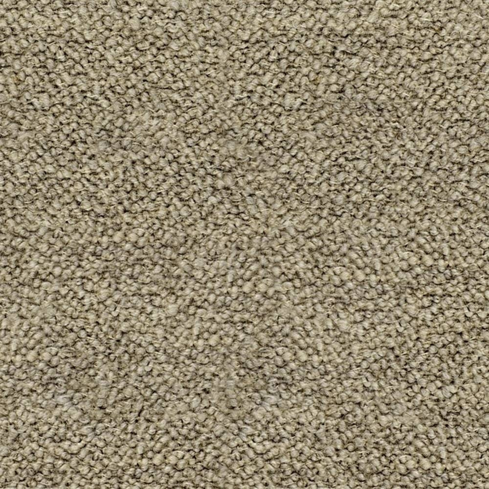 Close-up of beige boucle upholstery fabric showing dense nubby loop texture, a 12% wool, 25% acrylic and 63% triacetate blend suited for contemporary sofa upholstery.