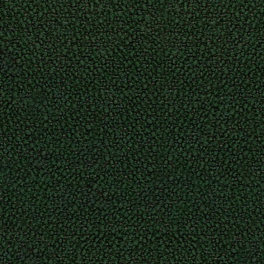 Close-up of dark green boucle upholstery fabric showing dense nubby texture, ideal for contemporary or modern sofas; 12% wool, 25% acrylic and 63% triacetate blend.
