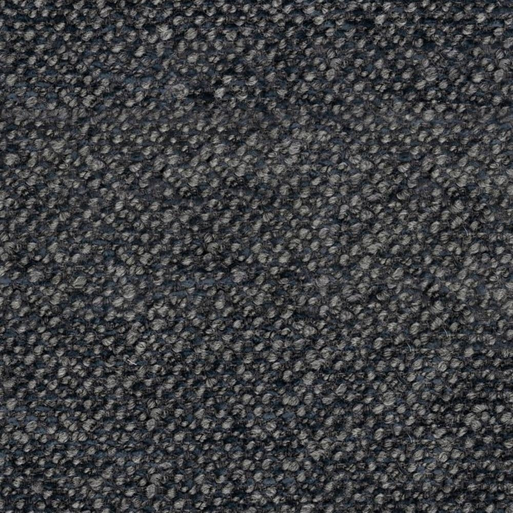 Close-up of dark charcoal boucle upholstery fabric showing dense looped texture and rich surface depth; durable mixed-fiber blend (16% wool, 24% acrylic, 8% linen, 9% rayon, 43% triacetate) for contemporary sofas.