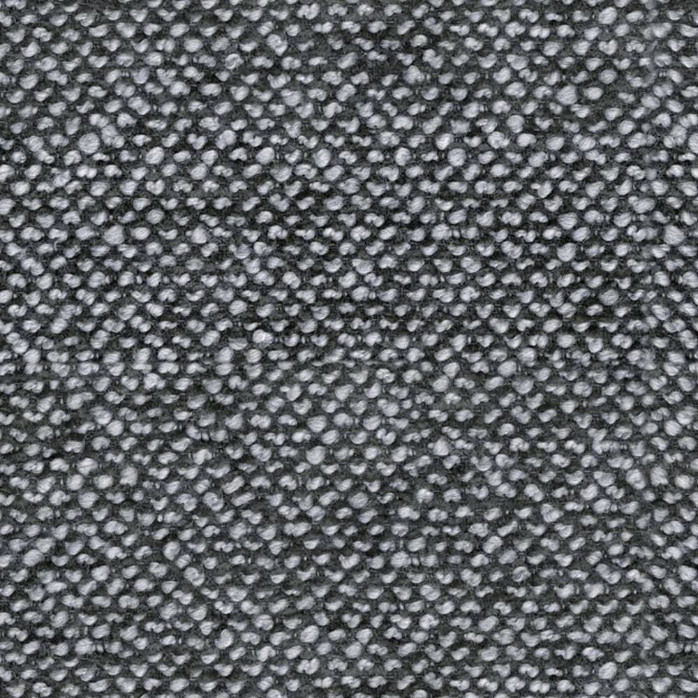 Close-up of charcoal and light gray boucle upholstery fabric showing dense, pebbled loop texture; a soft wool-blend weave suited for contemporary sofas and durable indoor upholstery.