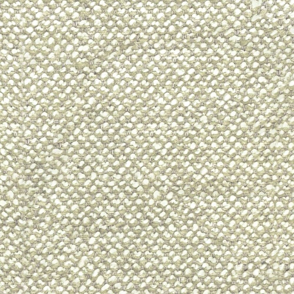 Close-up of cream-beige boucle upholstery fabric showing small looped texture and visible woven fibers; wool, acrylic, linen, rayon and triacetate blend ideal for contemporary sofa upholstery.