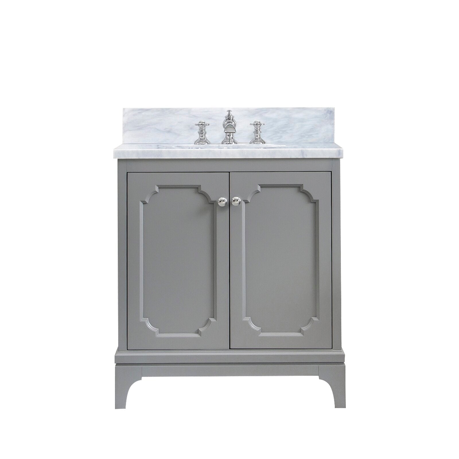 Freestanding grey solid wood bathroom vanity with white Carrara marble countertop and backsplash, integrated single sink, two paneled doors with decorative molding and chrome waterfall faucet.