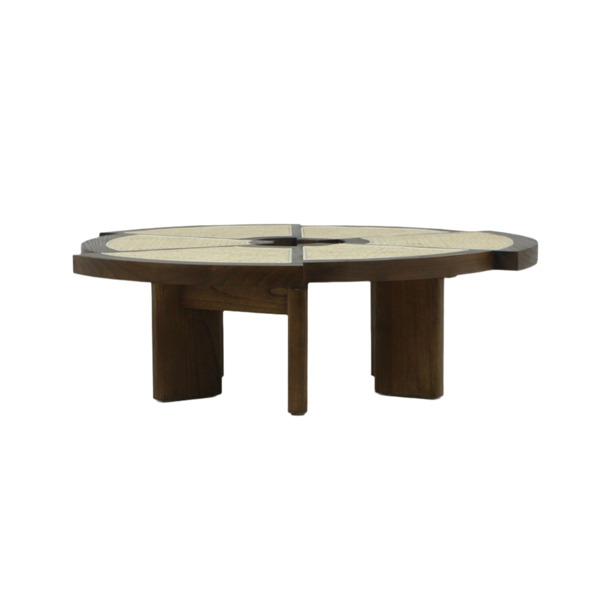 Low modern round coffee table with a dark natural wood frame and four chunky legs, featuring woven natural cane panels arranged in segmented circular top with a small central opening.