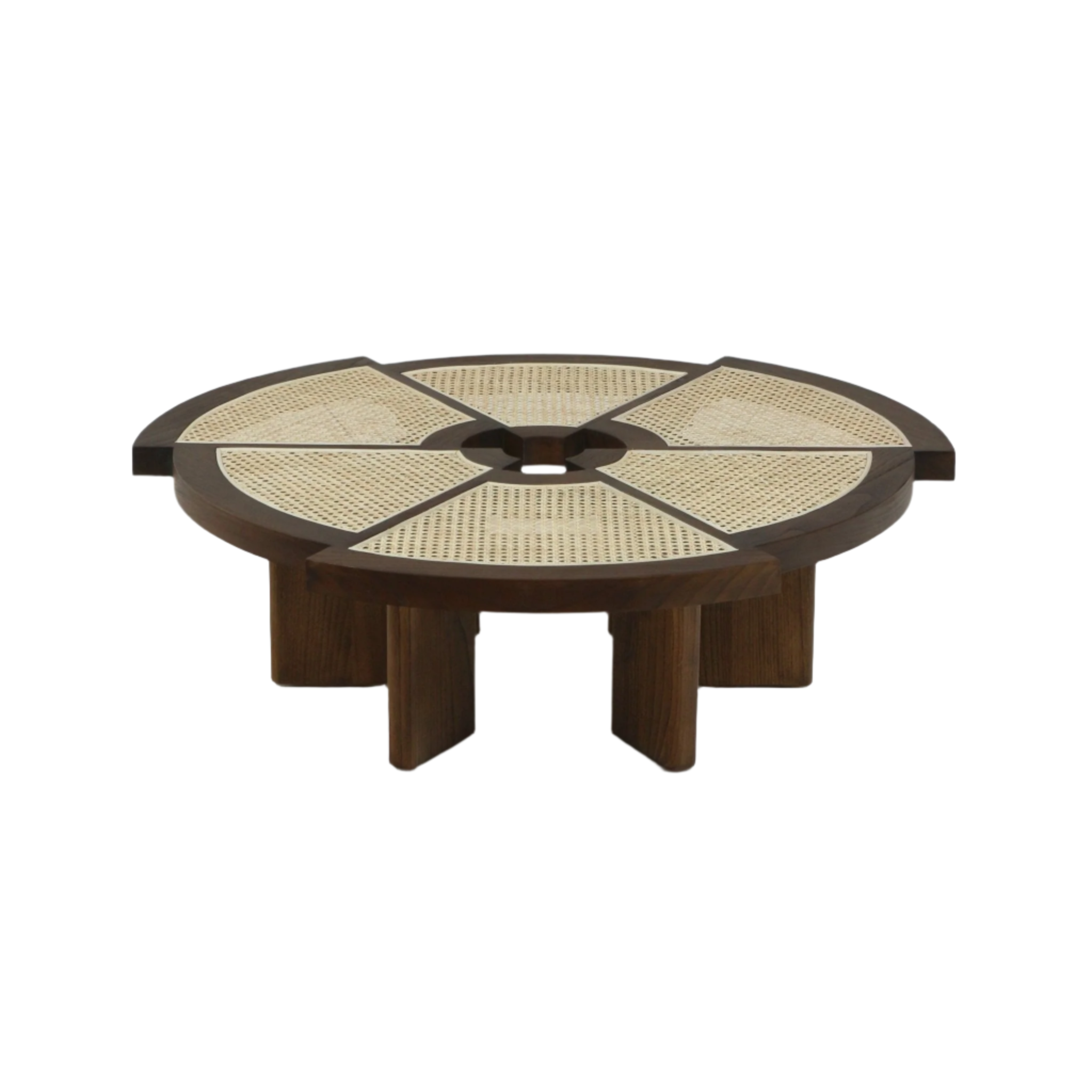 Low round coffee table with a dark wood frame and six natural cane inlay panels radiating from a central opening, supported by chunky wooden legs for a modern midcentury look.