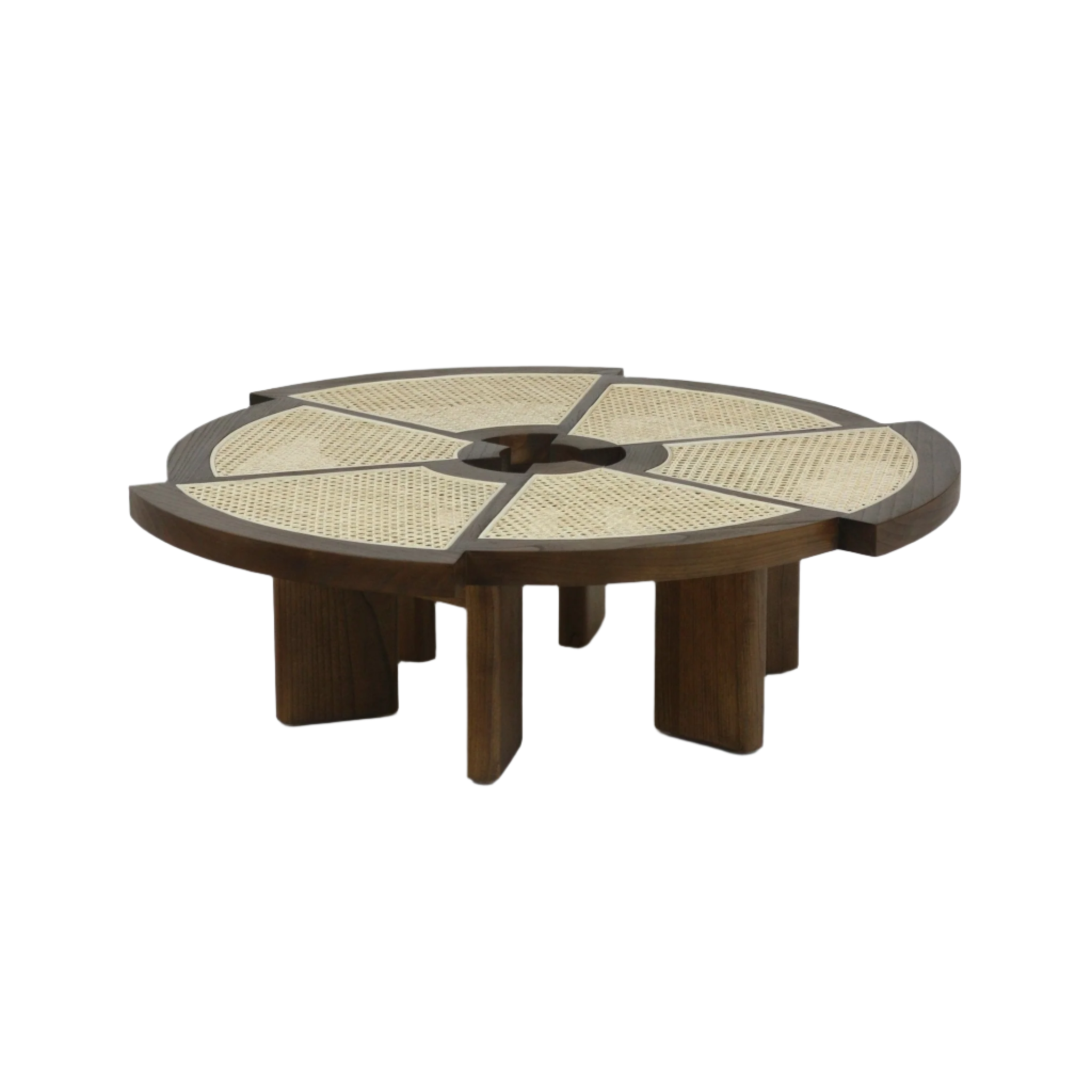 Low round coffee table in medium brown wood with natural cane inlay arranged in six radial panels around a small central opening, resting on chunky segmented wooden legs for a modern midcentury look.