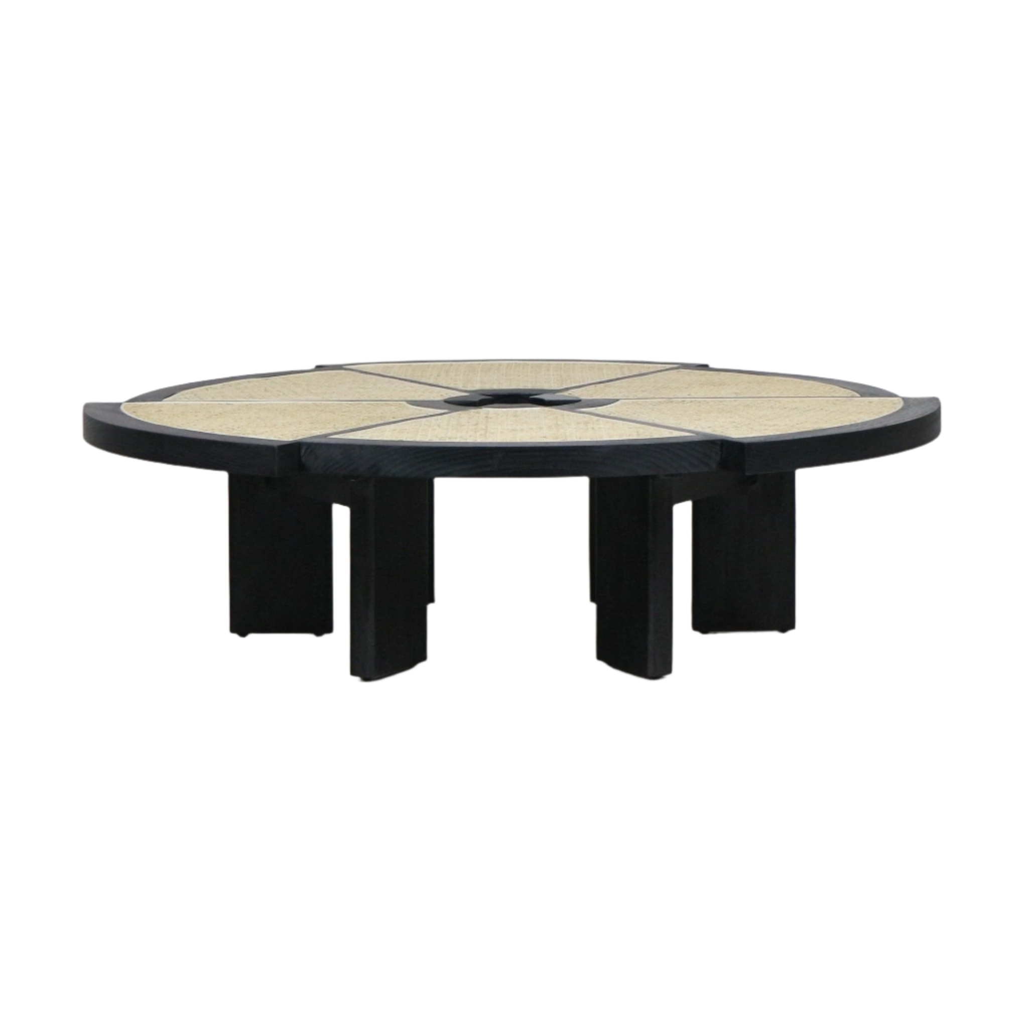 Low round coffee table with a black wood frame, segmented natural cane top with a central circular accent, supported by multiple thick black legs for a modern, midcentury-inspired look.